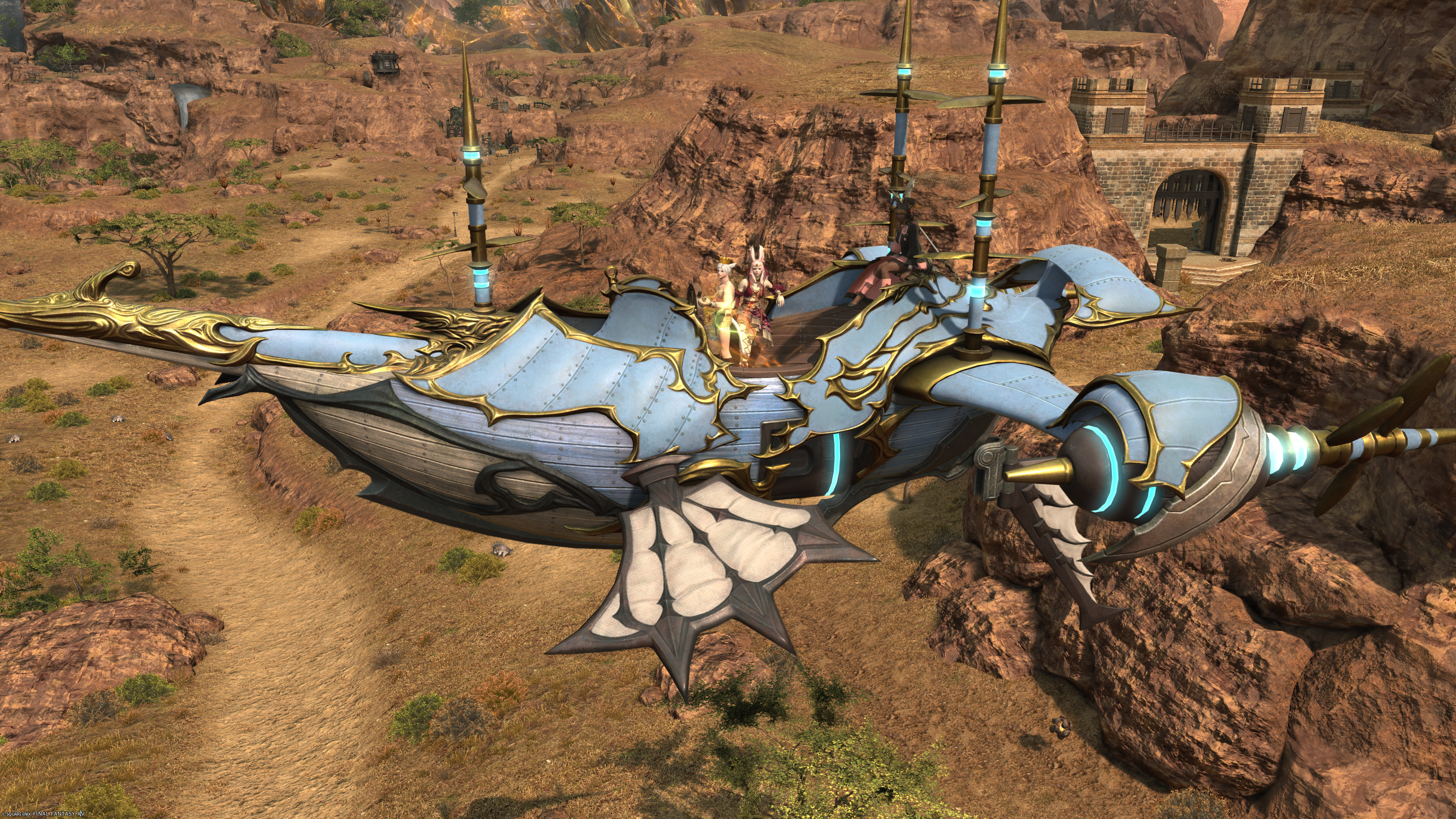 Danny flying a ship with Emi and Adri riding and posing.